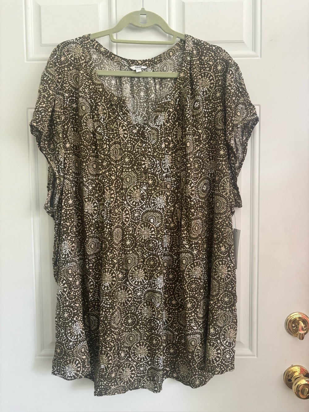 NWT Sonoma Good For Life Olive Print Short Sleeve Woven Top, Size 4X